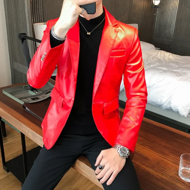 Blazer Hombre PU Leather Jackets Men Fashion Solid Slim Fit One Button Business Casual Blazers For Men Korean style Suit Jacket 5
