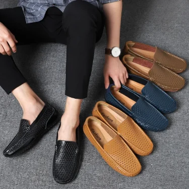 2025 Summer Men Casual Shoes Luxury Brand Genuine Leather Mens Loafers Moccasins Hollow Out Breathable Slip on Driving Shoes 4