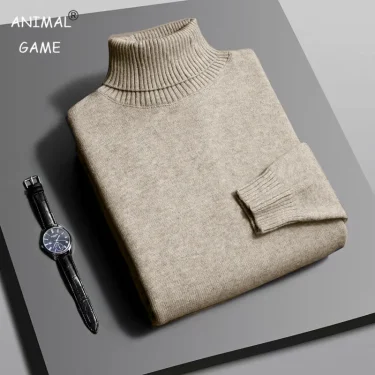 Autumn Mens High Quality Knitted Turtleneck Sweater Slim Fit Long Sleeve Anti-pilling Pullover Solid Color Trend Men Streetwea 1