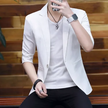 Summer Silk Smooth Solid Color Jacket Blazers 3/4 Sleeve Suit Formal Dress Youth Medium Sleeve Suit Male Slim Korea Style Suit 3
