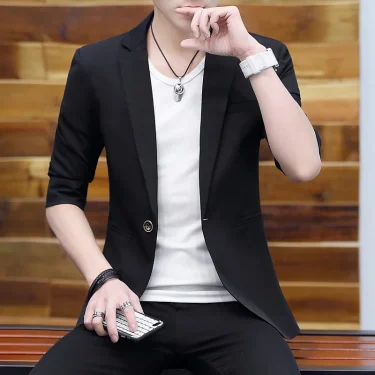 Summer Silk Smooth Solid Color Jacket Blazers 3/4 Sleeve Suit Formal Dress Youth Medium Sleeve Suit Male Slim Korea Style Suit 4