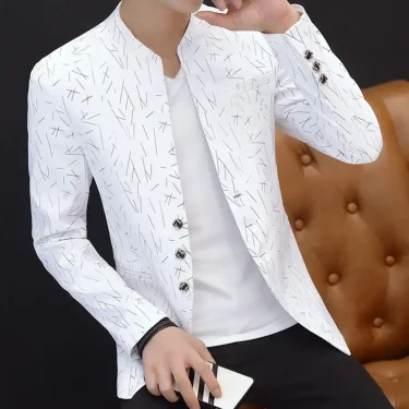 Men Business Blazer Vintage Print 2025 Men Casual Korean Casual Blazers Youth Handsome Slim Print Fake Pockets Buttons Blazer 1