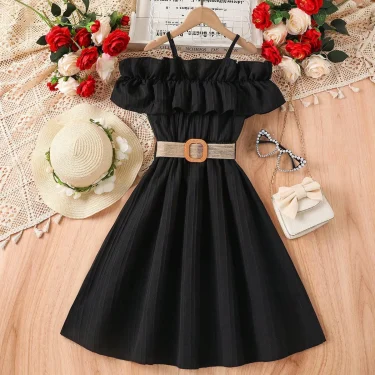 Girls Casual Dresses One-line Shoulder Strap Patchwork Lace Dress Kids Clothes Girls 8 To 12 Years Princess Dress for Girls 2