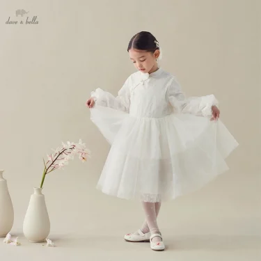 DK1231903 Dave Bella Spring Girl's Fashion Soild White Mesh Draped Dress Children Sweet Dress Kids Infant Lolita Clothes 1