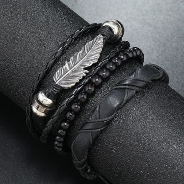 Modyle Multi-layer Gothic Leather Bracelet Set Punk Viantage Wings Charms Handwoven Bracelets for Men Jewelry Gifts 4