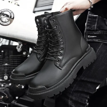 Men High Top Boots Fashion Motorcycle Boots Casual Leather Boots for Men Waterproof Work Boot Lace Up Platform Boot Botas Hombre 1