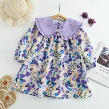 Girls Casual Dresses Purple Flower Print Lace Lapel Puff Sleeves and Long Sleeves Flower Party Dress for Kids Girl 2 To 7 Years 2