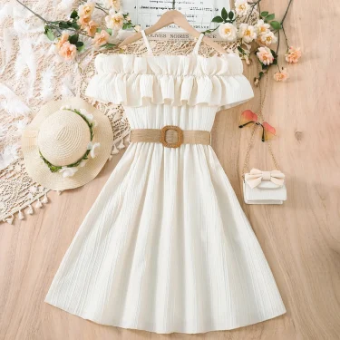 Girls Casual Dresses One-line Shoulder Strap Patchwork Lace Dress Kids Clothes Girls 8 To 12 Years Princess Dress for Girls 5