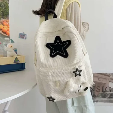 Y2K Girls Star Pattern Laptop Backpack Teen Student Large Capacity School Bookbag Corduroy Rucksack Double Strap Shoulder Bag 2