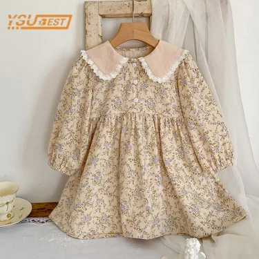 Sweet Kids Baby Girls Long Sleeve Flower Printing Princess Dress Autumn Baby Girls Doll Collar Dress Children Clothes Dress 1