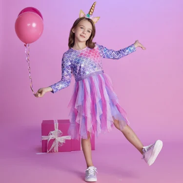 DXTON Autumn Princess Dress Mermaid Children Birthday Party Girls Dress Irregular Layered Prom Kids Long Sleeve Costumes 3-8Y 2