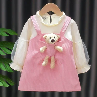 Kid Girl Dress Princess Dress Pocket Bear Gift Birthday Party Children Puff Long Sleeve Toddler Girl Clothes Teen Baby Suit A830 3