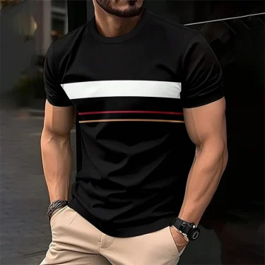 Simple Fashion Stripe T Shirts For Men Summer Casual Short Sleeve 3D Printed T-shirt Loose Crew Neck Breathable Pullovers Tops 1