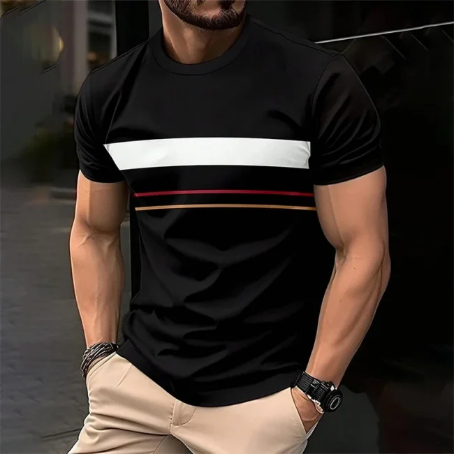 Simple Fashion Stripe T Shirts For Men Summer Casual Short Sleeve 3D Printed T-shirt Loose Crew Neck Breathable Pullovers Tops 1