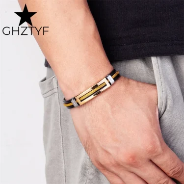 Golden Chain Stainless Steel Bracelets for Men Women Teens Black Rubber Belt Wristband Cuff Bangle Male Hand Jewelry Gifts 6