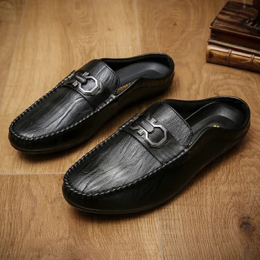 Designer Men Slippers Luxury Leather Casual Shoes for Men Breathable Soft Soled Loafers Fashion British style Men Half Slippers 3