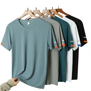 Men's Summer Ice Silk T-shirt Sweatshirt Round Neck Simple Running Fitness Suit Thin Breathable Quick Drying T 1