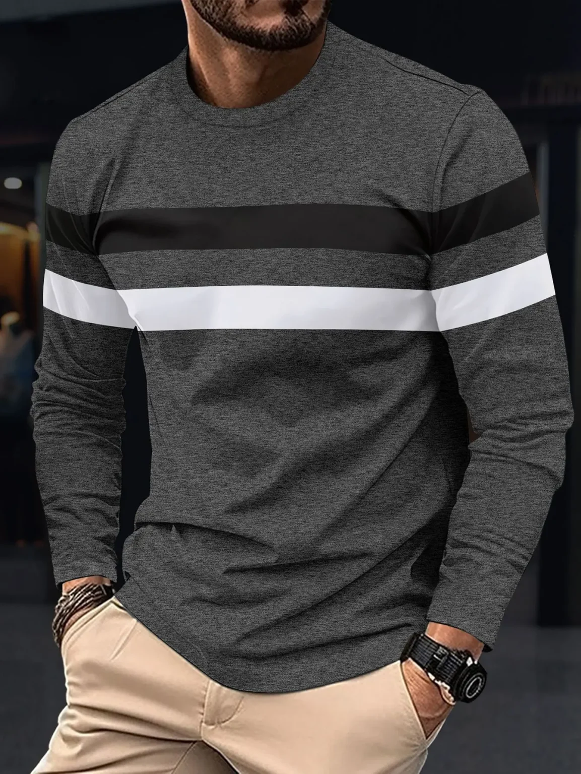 New striped men's long sleeved T-shirt with autumn round neck simple pure cotton fashion slim fit comfortable and oversized tops 2