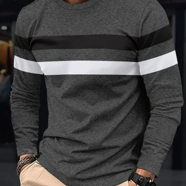 New striped men's long sleeved T-shirt with autumn round neck simple pure cotton fashion slim fit comfortable and oversized tops 2