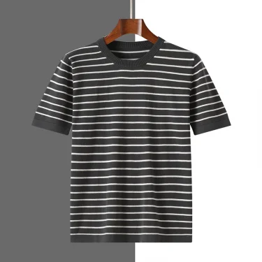 Men's Short Sleeved 100% Cotton T-Shirt Sweater Round Collar Color Stripe Tees Pullover Knitted Clothing Casual Summer Tops 2