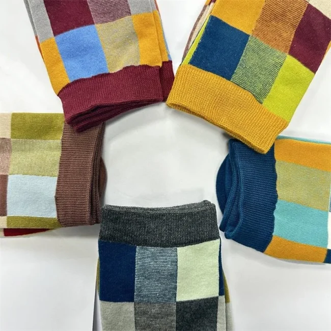 5Pairs/Combed Cotton Men's Socks Spring and Autumn Compression Socks Fashion Colorful Square Happy Dress Socks Men Size EU39-45 3