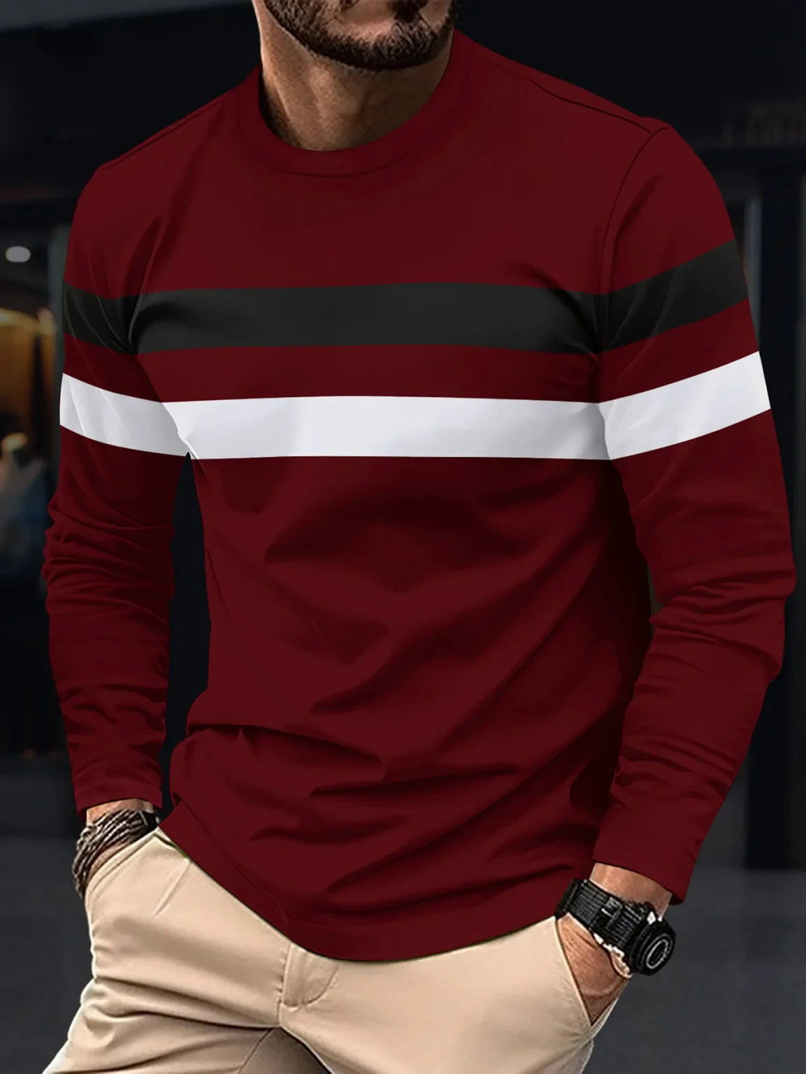 New striped men's long sleeved T-shirt with autumn round neck simple pure cotton fashion slim fit comfortable and oversized tops 3