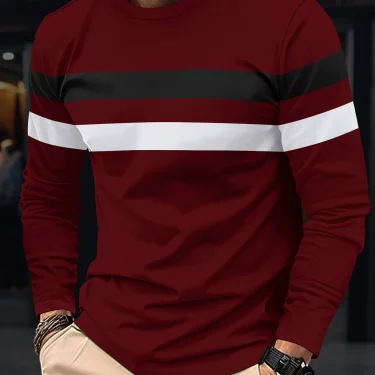 New striped men's long sleeved T-shirt with autumn round neck simple pure cotton fashion slim fit comfortable and oversized tops 3