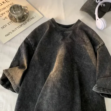 230G Cotton Retro T-shirt Drop-shoulder Sleeve Men Women Vintage Short-sleeve T Shirts Solid Color Hip Hop Loose Tees 2