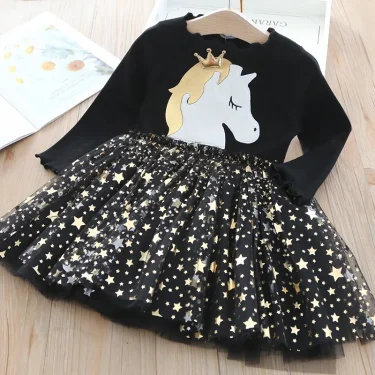 Baby Girl Cute Unicorn Dresses Summer Knitted Girls Dress Christmas Party Star Mesh Princess Dress Children Clothing 3