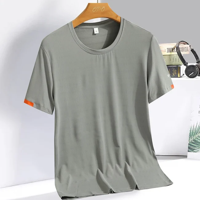 Men's Summer Ice Silk T-shirt Sweatshirt Round Neck Simple Running Fitness Suit Thin Breathable Quick Drying T 5