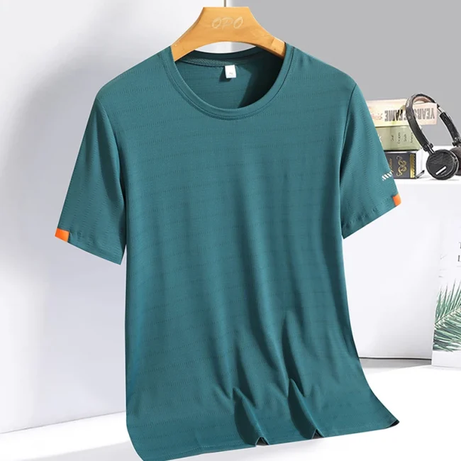 Men's Summer Ice Silk T-shirt Sweatshirt Round Neck Simple Running Fitness Suit Thin Breathable Quick Drying T 4