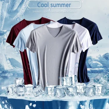 Summer Thin Ladies Ice Silk Seamless Short Sleeve V-neck T-shirt Basic Cotton Tee Men Inside Slim Half Sleeve Tees M-5XL 2