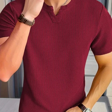 Men's Casual Waffle Knit V-neck pullover T-shirt - Summer short-sleeved everyday casual outing essential 2