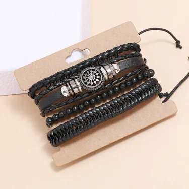 Modyle 4pcs/ set Adjustable Leather Bracelets for Men Braided Black Brown Bangle Life Tree Leaf Rudder Charm Bracelet Gift 4