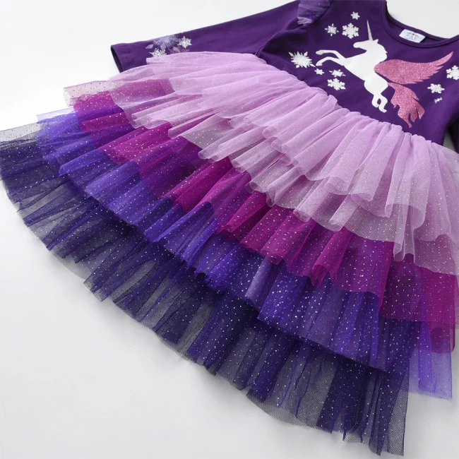 DXTON Winter Long Sleeve Girls Dress Unicorn Cotton Children Clothing Birthday Party Prom Kids Dress Layered Princess Tutu Dress 5