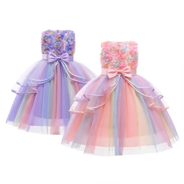 1 2 3 4 5 6 8 10 Years Flowers Baby Girls Dress Summer Rainbow Mesh Little Princess Dress Piano Performance Costume Kids Clothes 1