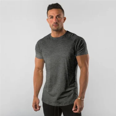 Summer Solid Cotton Short Sleeve T-Shirt Men Gym Clothing Fashion Plain Tight Tops Tees Sports Bodybuilding Fitness T shirt Men 4