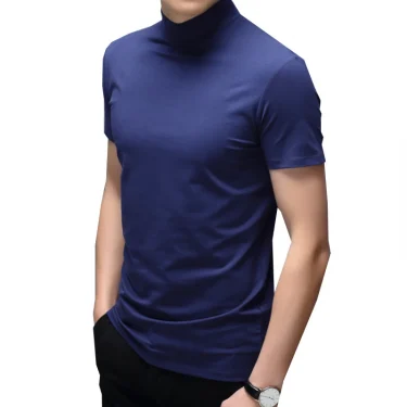 New Trend Summer Men Half High Collar Mercerized Cotton Short Sleeve Slim Body T-Shirt Men Solid Color Modale High Collar 3