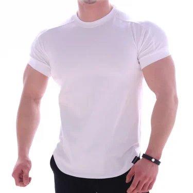 Men Summer T Shirts High Elastic Slim Fit Tshirt Men Quick-drying Curved Hem Mens T-Shirts Solid Color 3XL 1