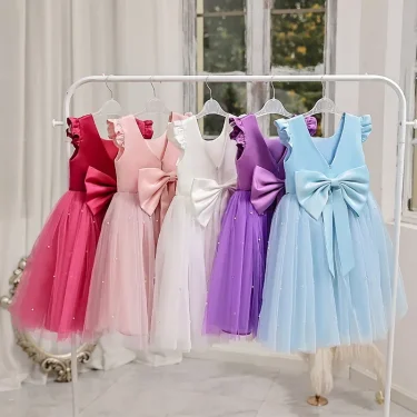 Summer Girl Flower Birthday Tulle Dress Backless Bow Wedding Gown Kids Party Wear Princess Pink Dress Baby Girl Bowknot Dresses 1