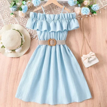 Girls Casual Dresses One-line Shoulder Strap Patchwork Lace Dress Kids Clothes Girls 8 To 12 Years Princess Dress for Girls 3
