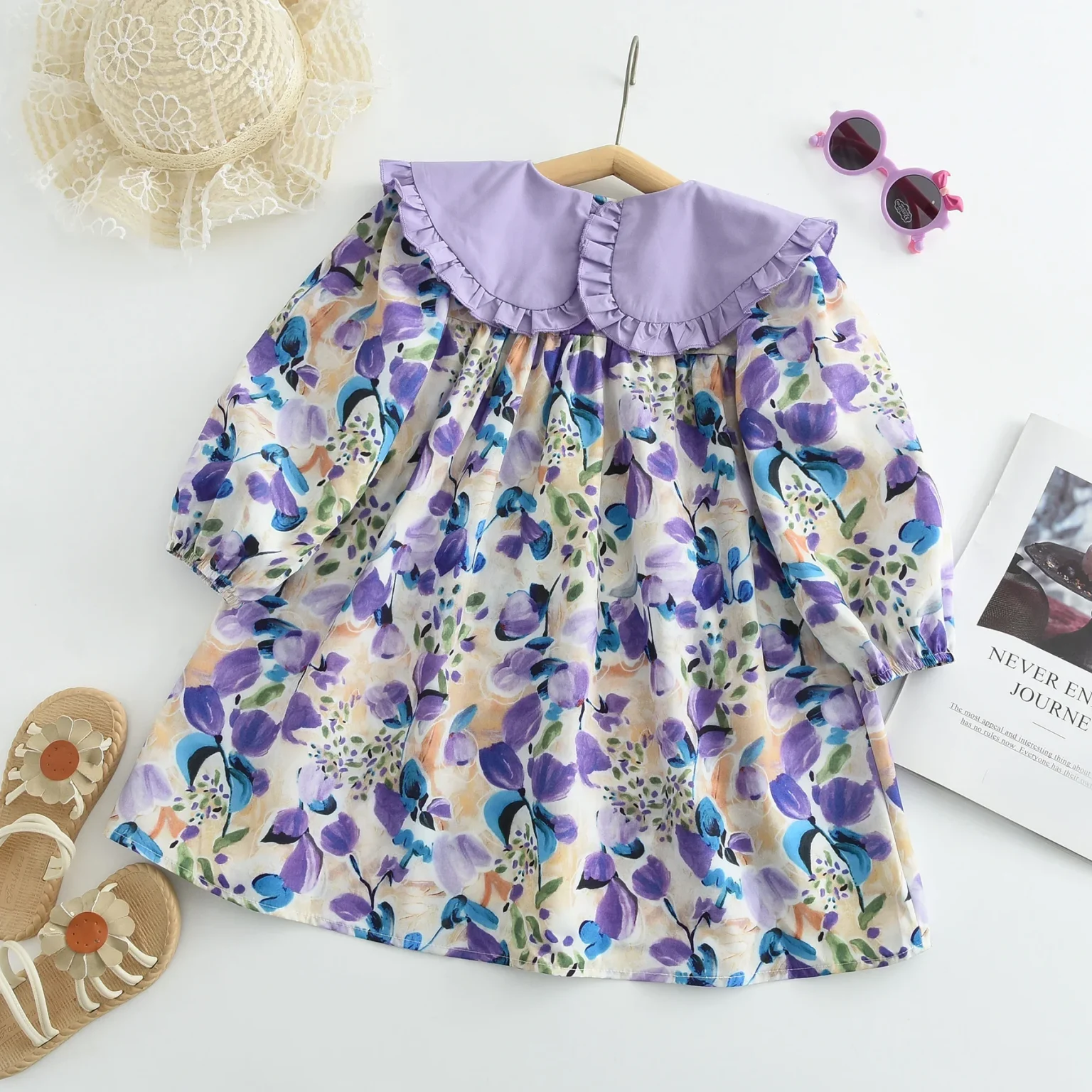 Girls Casual Dresses Purple Flower Print Lace Lapel Puff Sleeves and Long Sleeves Flower Party Dress for Kids Girl 2 To 7 Years 3
