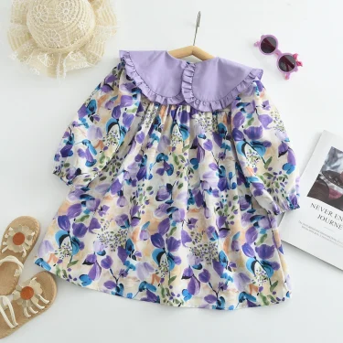 Girls Casual Dresses Purple Flower Print Lace Lapel Puff Sleeves and Long Sleeves Flower Party Dress for Kids Girl 2 To 7 Years 3