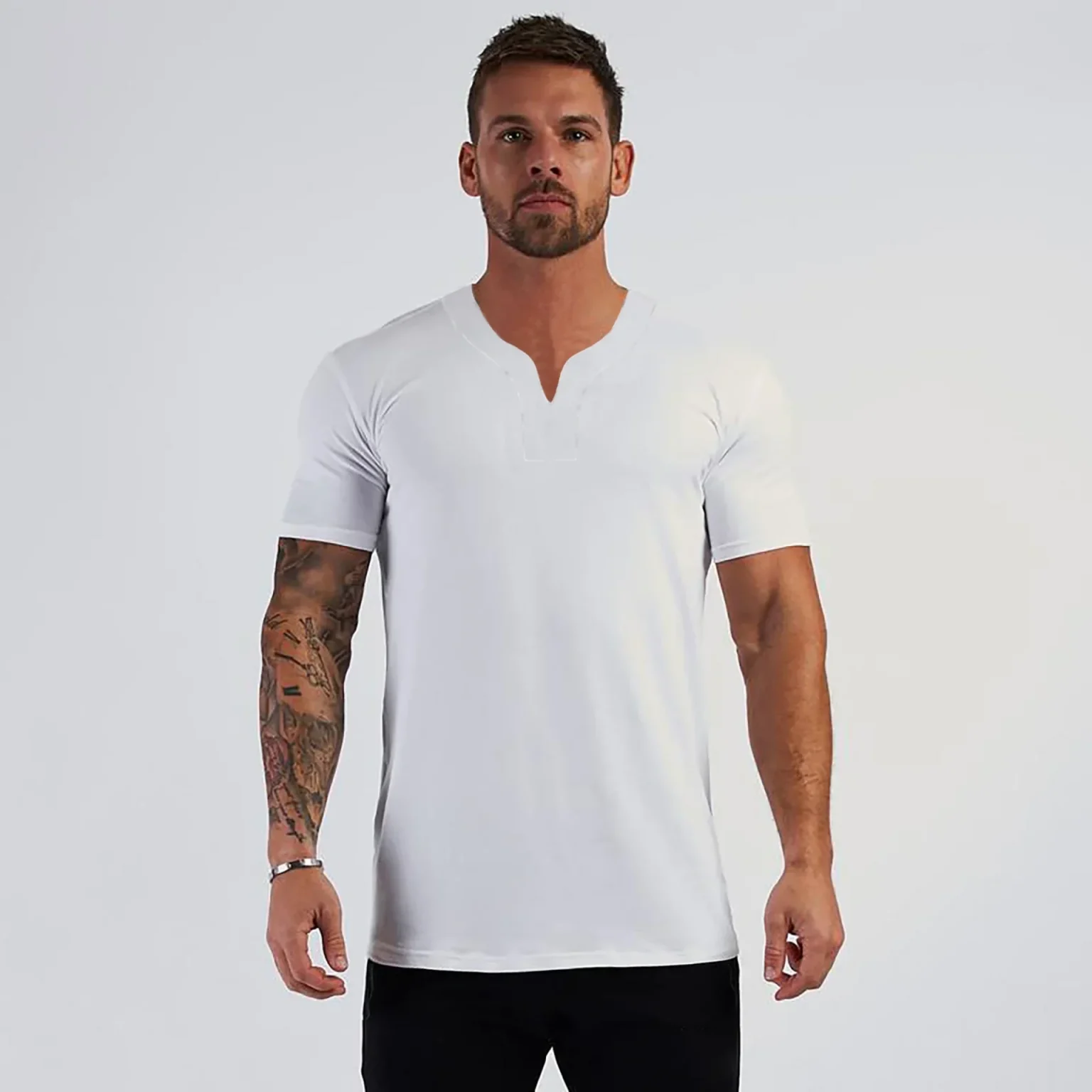 Summer New Arrivals V neck Short Sleeve Men T shirt Slim Fit Fashion t-shirt Men Skinny Casual Gym Clothing Fitness tshirt 6