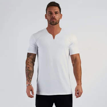 Summer New Arrivals V neck Short Sleeve Men T shirt Slim Fit Fashion t-shirt Men Skinny Casual Gym Clothing Fitness tshirt 6