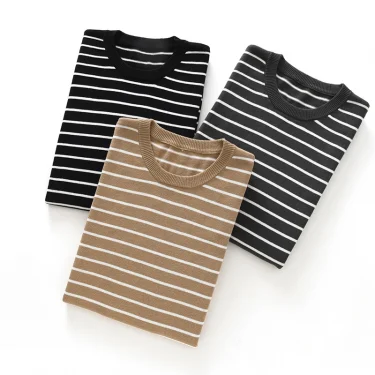 Men's Short Sleeved 100% Cotton T-Shirt Sweater Round Collar Color Stripe Tees Pullover Knitted Clothing Casual Summer Tops 4