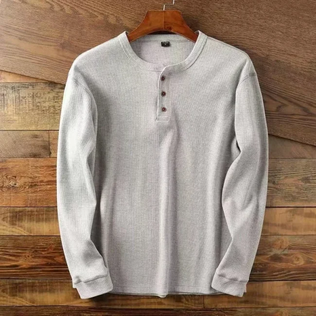 Slim Fit Mens Basic Tee Casual Tshirts Henley Waffle Long Sleeve Shirts Thermal Solid Half Button Breathable 100% Cotton Shirts 3