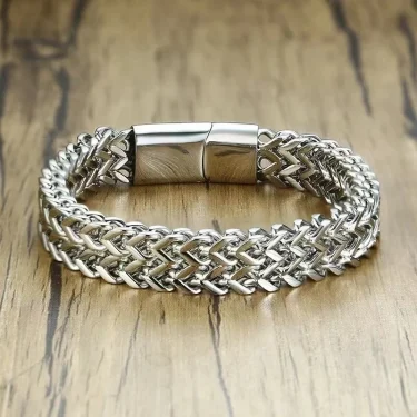Stainless Steel Double Row Chain Bracelet with Magnetic Buckle for Men Motorcycle Riding Hip-Hop Rock Trend Jewelry Gift 5