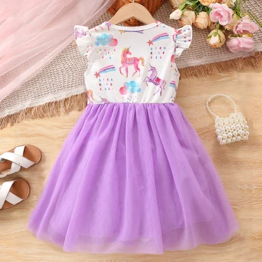 Summer Girls Dress For Kids 1-8 Years old Fashion Cute Cartoon Unicorn Ruffled Tulle Sleeve Princess Dresses For Holiday 6