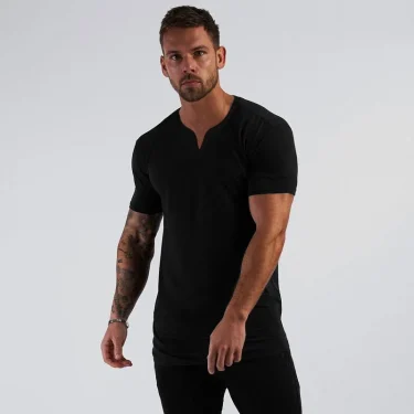 Summer New Arrivals V neck Short Sleeve Men T shirt Slim Fit Fashion t-shirt Men Skinny Casual Gym Clothing Fitness tshirt 2